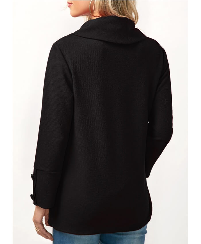 Asymmetric Hem Cowl Neck Long Sleeve Black Blouse